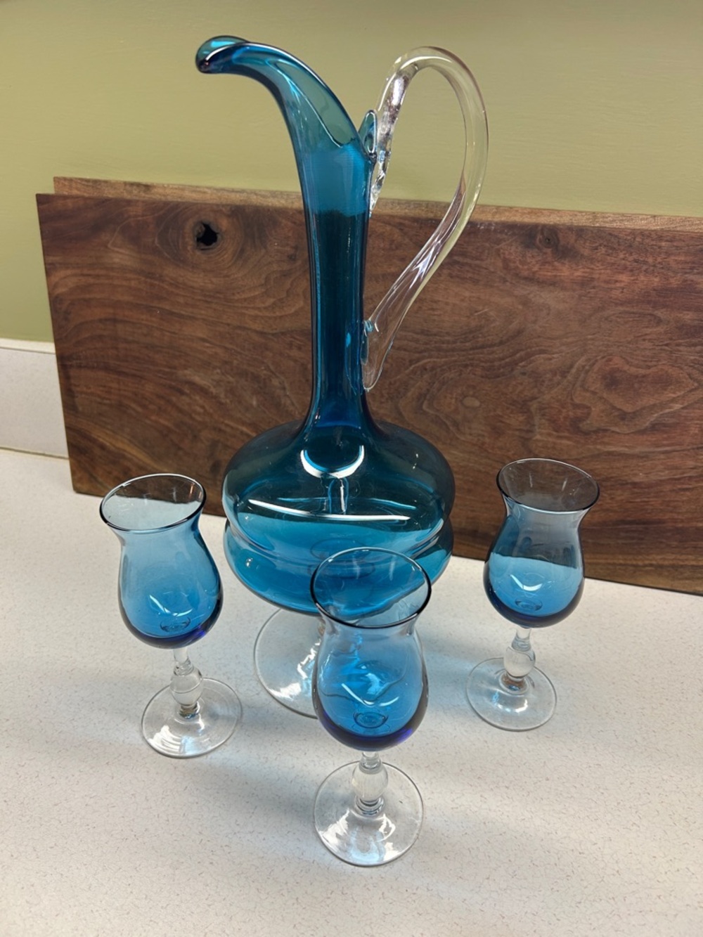 vintage Empoli Italian art glass decanter with 3 glasses